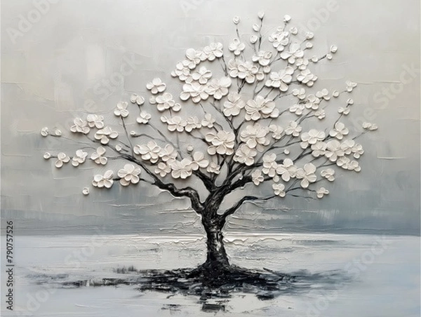 Fototapeta The 0il painting of an elegant tree with white flourish leafy, in the style of abstract expressionism on canvas. The background is a light gray color, for wall art.