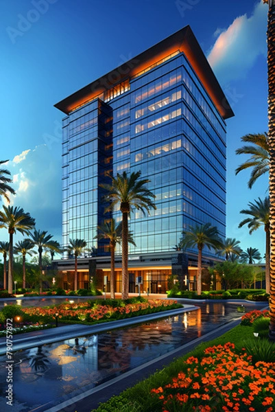 Obraz Sustainable Glass Office Building with Integrated Greenery: Eco-Friendly Corporate Architecture.
