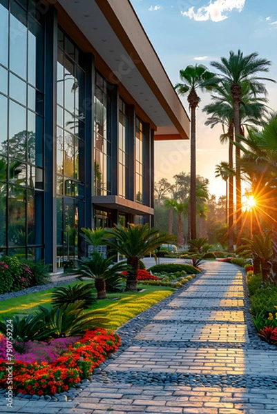 Obraz Sustainable Glass Office Building with Integrated Greenery: Eco-Friendly Corporate Architecture.

