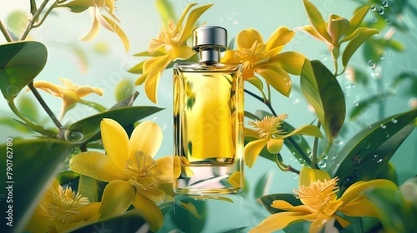 Fototapeta An blank rectangular perfume bottle floats surrounded by yellow ylang-ylang flowers. very detailed,take product photos and advertisements