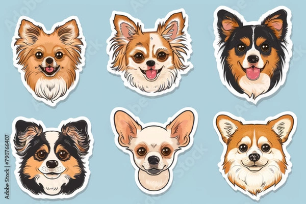 Obraz Dog portrait stickers featuring adorable small breeds like Chihuahua and French Bulldog.