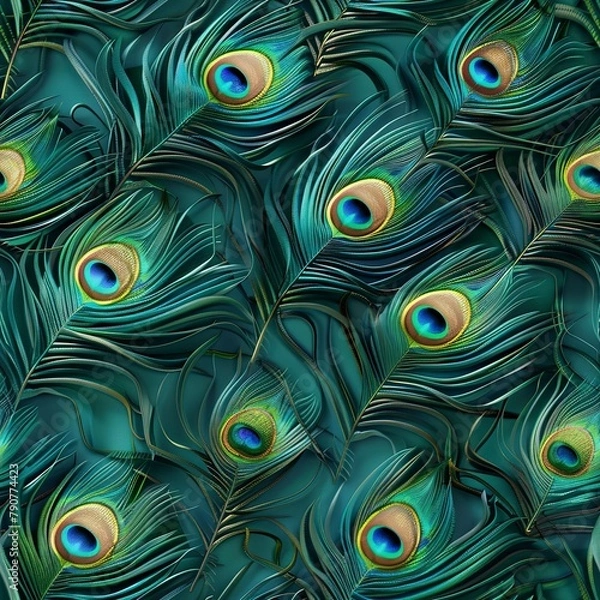 Fototapeta Digital paper featuring a seamless 3D pattern of peacock feathers with iridescent accents on a deep, emerald green background. Seamless Pattern, Fabric Pattern, Tumbler Wrap, Mug Wrap.