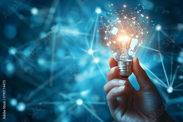 Obraz hand holding a light bulb digital network. New ideas, business innovation. 4k ultra realism, copy space