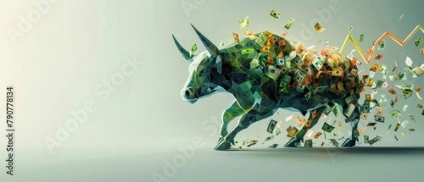 Fototapeta A dynamic image of a bull breaking through, with cash flow indicating a surging bull market in finances.