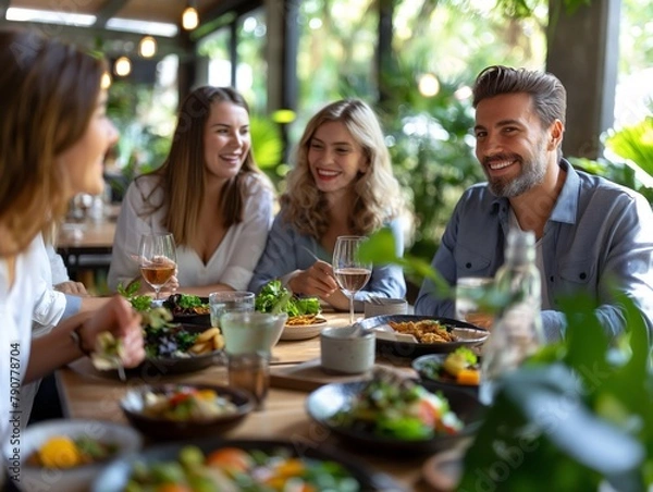 Fototapeta A group of people are sitting at a table with a variety of food and drinks, including wine glasses and a bottle. They are smiling and enjoying their meal together