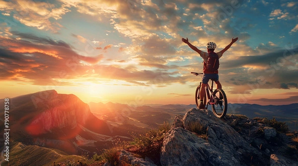 Obraz A man is riding a bike on a mountain top, with the sun setting in the background