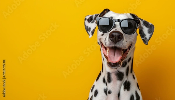 Fototapeta Adorable Dalmatian dog wearing black sunglasses in front of yellow background with copy space.
