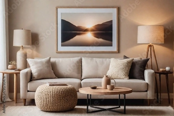Fototapeta Domestic living room with a sofa, lamp, and minimal art frame with a beige color tone.