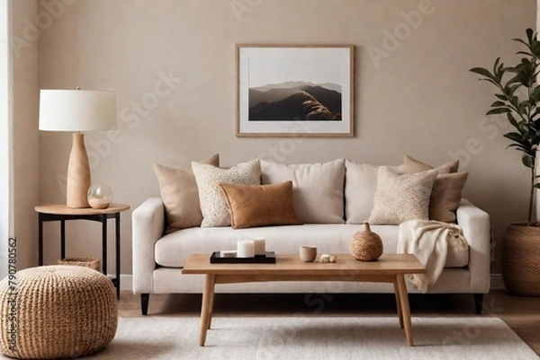 Fototapeta Domestic living room with a sofa, lamp, and minimal art frame with a beige color tone.