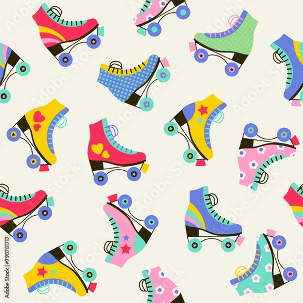 Obraz Seamless pattern with colourful retro roller skates. Vector illustration.