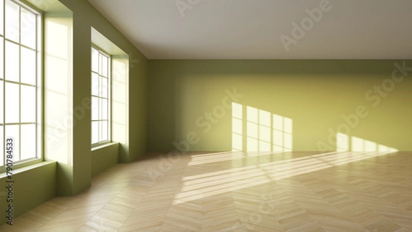 Fototapeta Modern empty room with big windows, green wall and parquet floor. Interior mockup with space for furniture or paintings on the wall. 3D render
