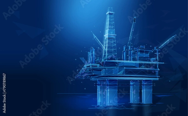 Obraz Offshore Rig, technological low poly style. Oil production, innovative technologies. Polygonal wireframe contemporary vector illustration.