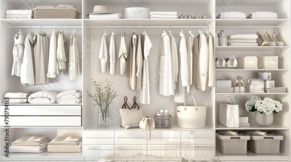 Fototapeta A white closet with a lot of clothes and a white purse on a shelf