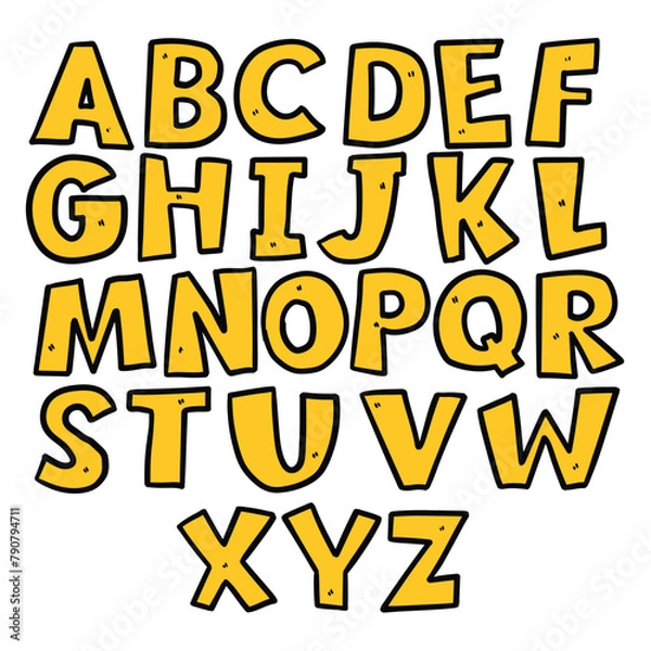 Fototapeta Hand drawn doodle set of yellow color letters isolated on white background. Alphabet for Children's Books and Toys, Early Childhood Education. Typographic content for children.