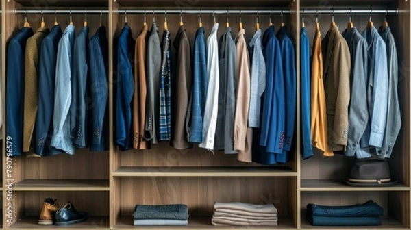 Fototapeta A closet full of clothes, including a hat and a pair of shoes