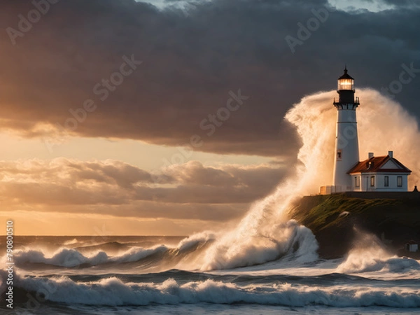 Fototapeta Huge wave hitting shore  rocks during sunset with lighthouse
