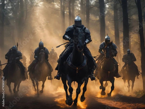 Fototapeta Knights riding on horses through forrest witzh dramatic light
