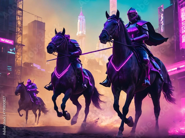 Fototapeta Knights riding on horses through forrest witzh dramatic light