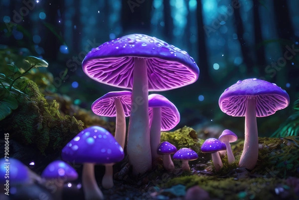 Fototapeta Generative AI, Beautiful and awesome neon colorful mushrooms, Magical views of neon colorful mushrooms, Beautiful view of neon colorful mushrooms in the thickets of forest bushes, small neon mushrooms
