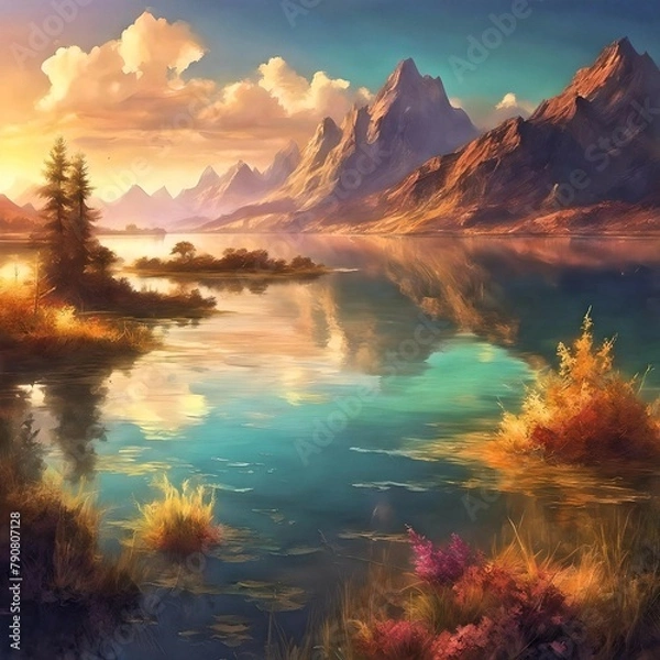 Obraz Golden Reflections: A Mesmerizing Sunset over a Crystal-Clear Lake