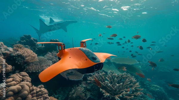 Fototapeta An autonomous underwater vehicle surveys a coral reef teeming with marine life, including a passing shark, in the ocean depths.
