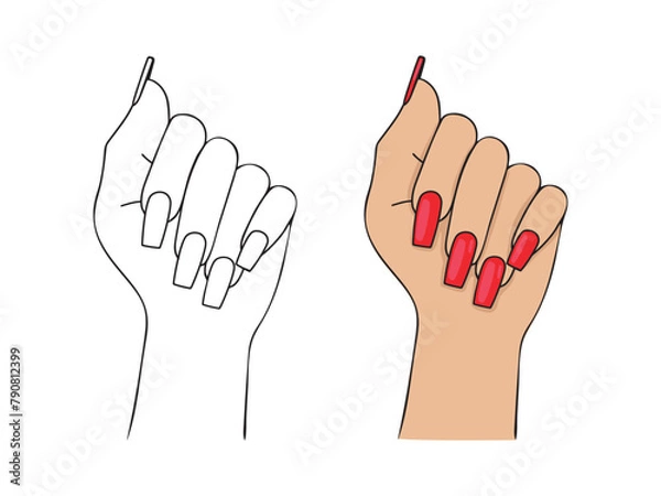 Fototapeta square nail design vector sketch coloring book. female wrist with square manicure design vector.  