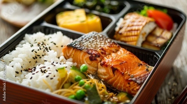 Obraz A colorful bento box filled with compartments of Japanese comfort food: grilled salmon, fluffy white rice, pickled vegetables, and a small tamagoyaki  