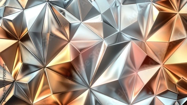 Fototapeta A geometric abstract background with overlapping metallic triangles in gold, silver, and rose gold.