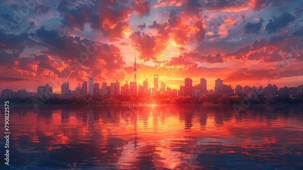 Fototapeta First Light Illuminating the City Skyline, generative ai