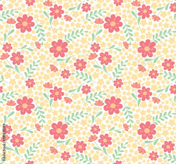 Fototapeta Seamless colorful pattern with red and yellow flowers and leaves. Vector cartoon backdrop in flat style	