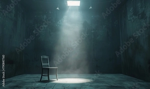 Fototapeta Interrogation room with small light overhead. Dark Interrogation theme