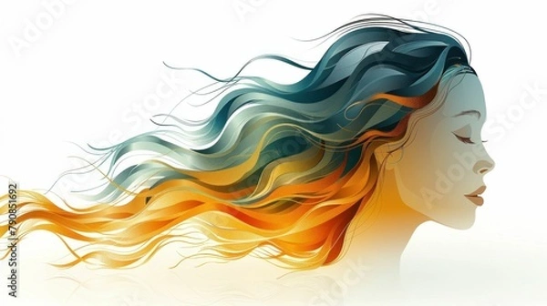 Fototapeta Flowing Locks A Serene Portrait of a Woman with Long Hair Blowing in the Wind, on White Background