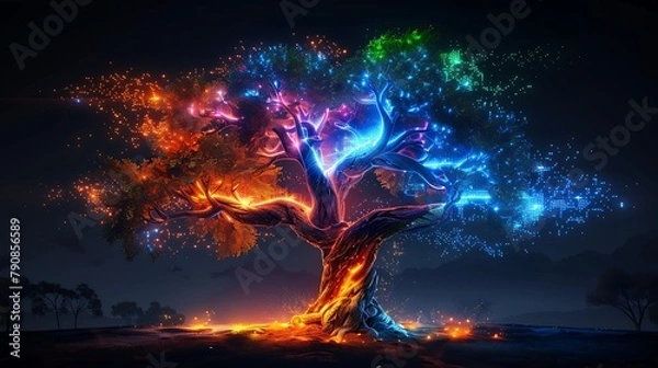 Fototapeta Oak Nature Tree Plexus Neon Black Background Digital Desktop Wallpaper HD 4k Network Light Glowing Laser Motion Bright Abstract