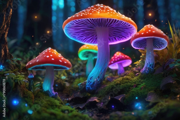 Fototapeta Generative AI, Beautiful and awesome neon colorful mushrooms, Magical views of neon colorful mushrooms, Beautiful view of neon colorful mushrooms in the thickets of forest bushes, small neon mushrooms