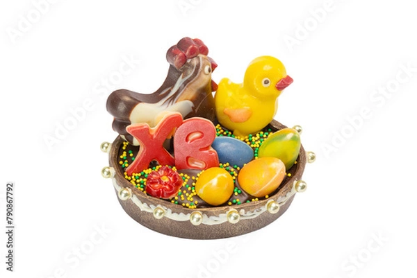 Fototapeta chocolate Easter egg and chicken handmade on white background