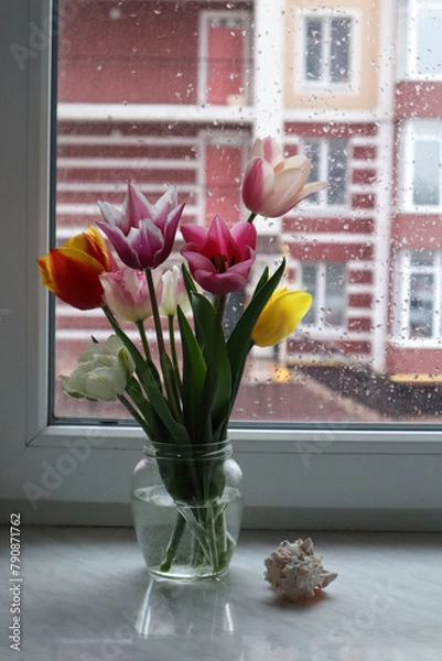 Fototapeta Colorful tulips in vase on the windowsill at rainy weather. Home decor with flowers.