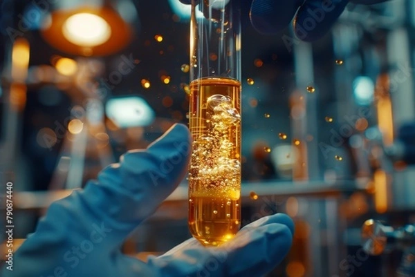 Fototapeta Close-up shot of a scientist's hands holding a glass test tube filled with  liquid Chemical substance, with a blurred background of laboratory equipment.