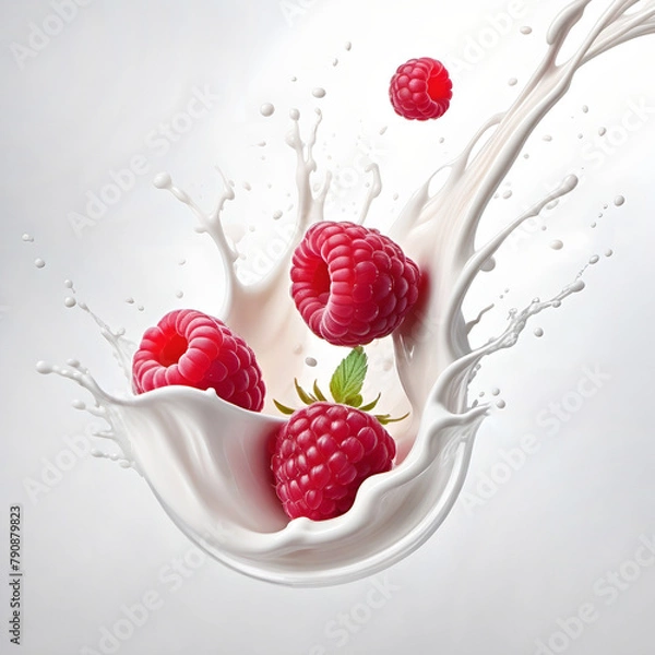 Fototapeta Raspberry and Milk Splash. Milk Splash With Fresh Raspberries