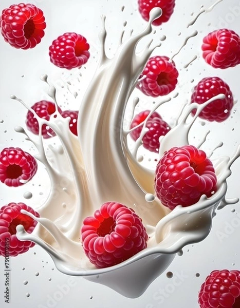 Fototapeta Raspberry and Milk Splash. Milk Splash With Fresh Raspberries
