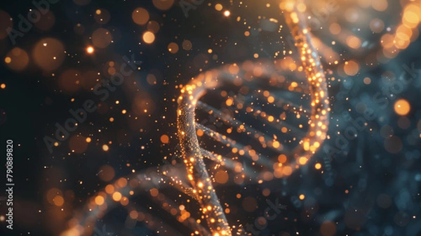 Obraz Glowing dots and lines are connecting like DNA double helix with shine on blur background