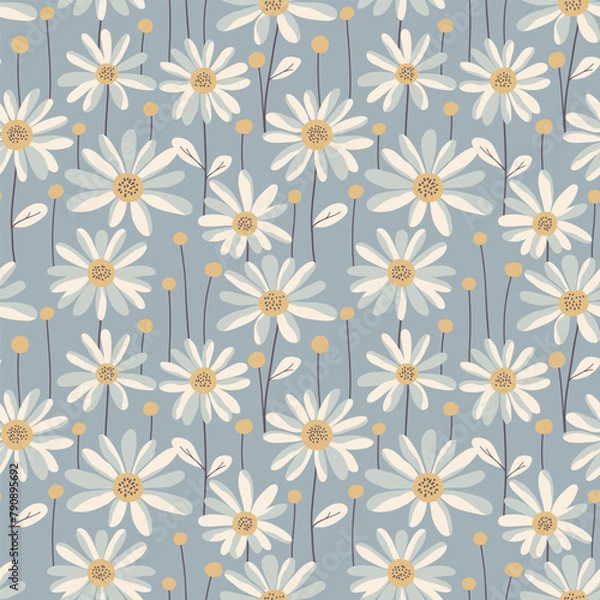 Fototapeta Blue and white daisies retro pattern