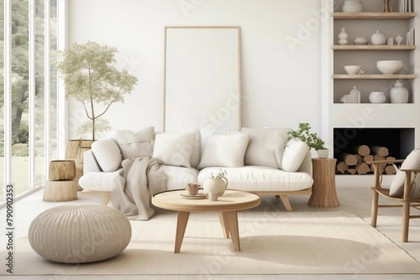 Fototapeta Interior design of a serene Scandinavian living room blending clean lines, muted tones, and natural materials to evoke a sense of tranquility and sophistication.