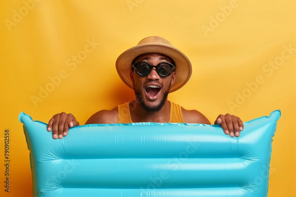 Obraz Surprised man with sunglasses and hat holding blue inflatable air mattress on monochrome yellow background.