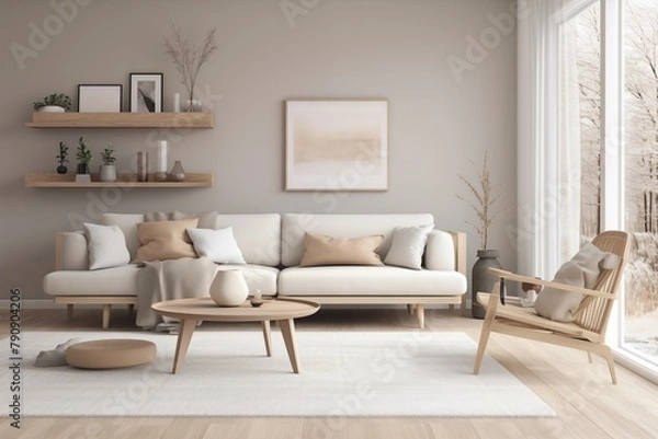 Fototapeta Interior design of a serene Scandinavian living room blending clean lines, muted tones, and natural materials to evoke a sense of tranquility and sophistication.