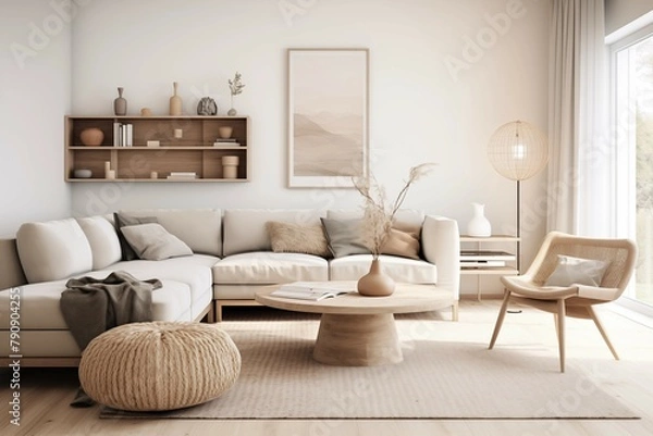 Fototapeta Interior design of a serene Scandinavian living room blending clean lines, muted tones, and natural materials to evoke a sense of tranquility and sophistication.