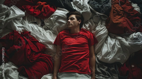 Fototapeta A man is seen laying on a stack of clothes in this image