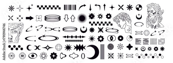 Obraz Various y2k memphis elements and retro brutalist shapes. Vintage hippie geometric shapes. Y2K greek statues. Vector elements isolated on white background.
