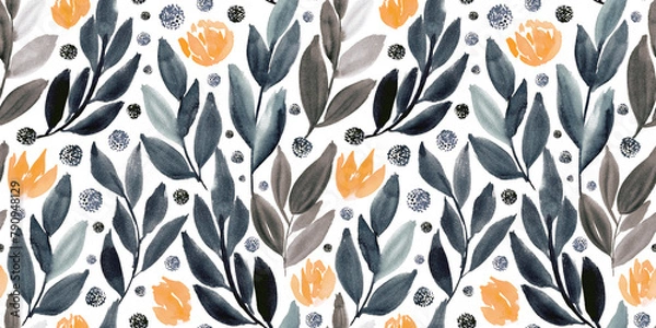 Fototapeta Watercolor floral in peach orange, grey and brown. Seamless pattern. 