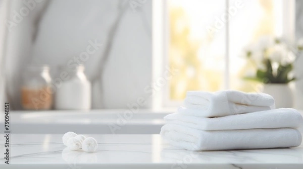 Obraz White clean towels on wooden table in bathroom. Spa