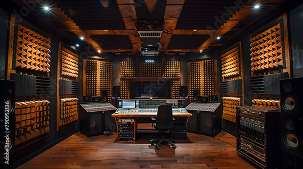 Fototapeta Recording studio with soundproof walls and professional equipment, illustrating the production process


